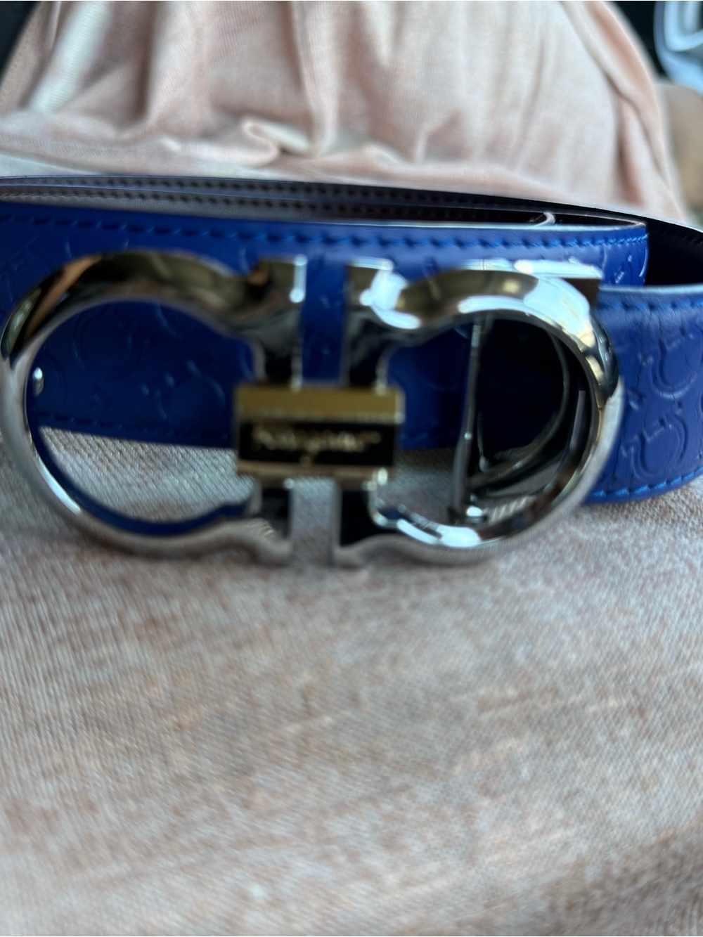 Salvatore Ferragamo Blue Leather Double Gancio Buckle Belt